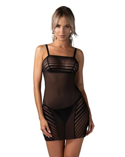 Dopasowana koszulka nocna Obsessive Lune Bellis z czarnego meshu z transparentnymi pasami